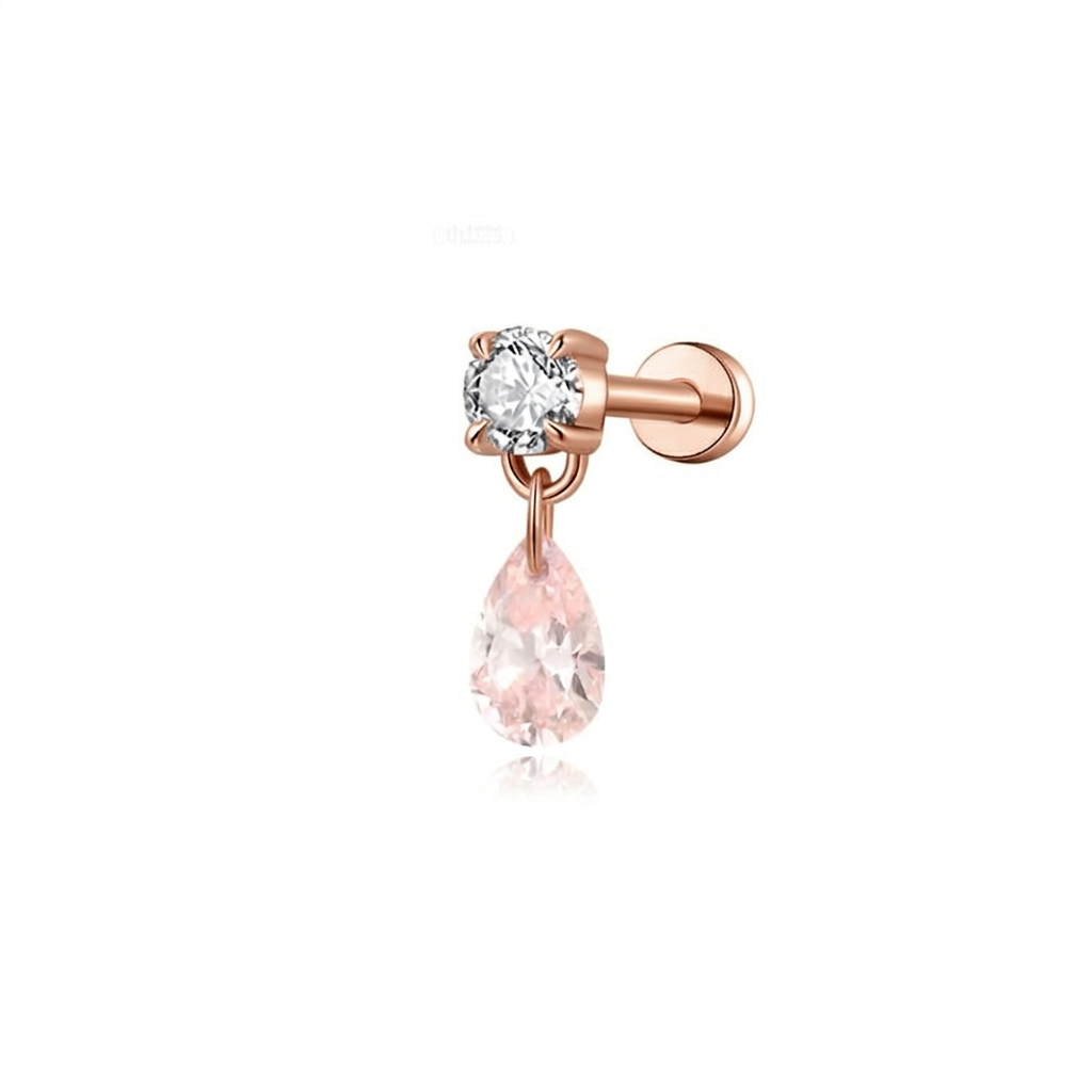 A professional high-resolution studio photograph of the Pink Pear White Round Stud from the LTM Jewels Radiant Drift collection. Handcrafted in 18K solid gold, the stud features a 0.2ct fancy pink pear diamond paired with a 0.1ct brilliant white round diamond in a fixed asymmetric silhouette. The image highlights the premium AU750 gold finish and the secure professional threaded screw back design against a clean background, showcasing its status as a romantic and architectural modern heirloom.