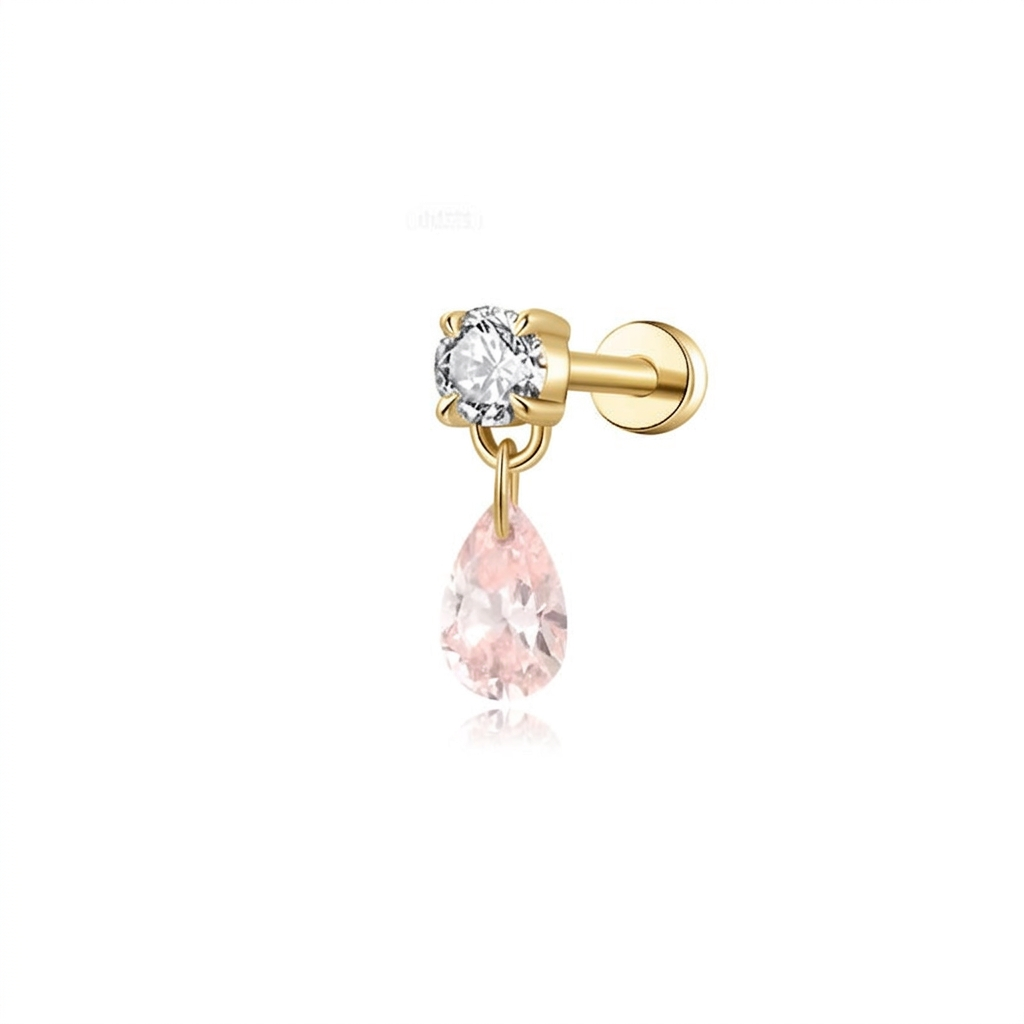 A professional high-resolution studio photograph of the Pink Pear White Round Stud from the LTM Jewels Radiant Drift collection. Handcrafted in 18K solid gold, the stud features a 0.2ct fancy pink pear diamond paired with a 0.1ct brilliant white round diamond in a fixed asymmetric silhouette. The image highlights the premium AU750 gold finish and the secure professional threaded screw back design against a clean background, showcasing its status as a romantic and architectural modern heirloom.
