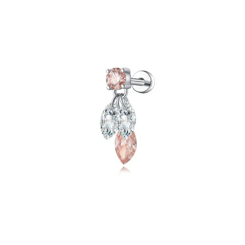 18K solid gold stud with pink and white marquise diamonds