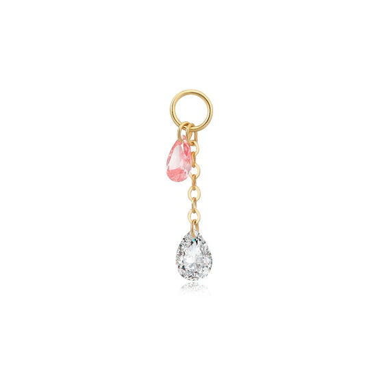 18K gold charm with a pink pear diamond and white pear drop