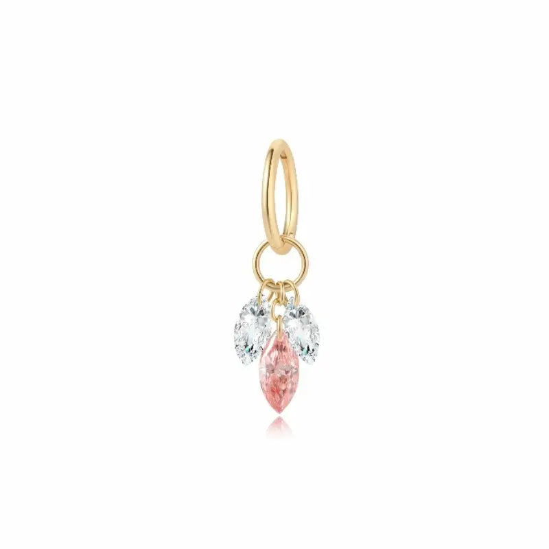A high-resolution studio photograph of the Pink Marquise Feather Charm from the LTM Jewels Radiant Drift collection. Handcrafted in 18K solid gold, the charm features a delicate feather plume silhouette composed of two white and one pink marquise lab-grown diamonds totaling 0.20ctw. The image highlights the high-polish AU750 gold jump ring and the innovative laser-drilled stones designed for a weightless, fluttering effect against a professional clean background.