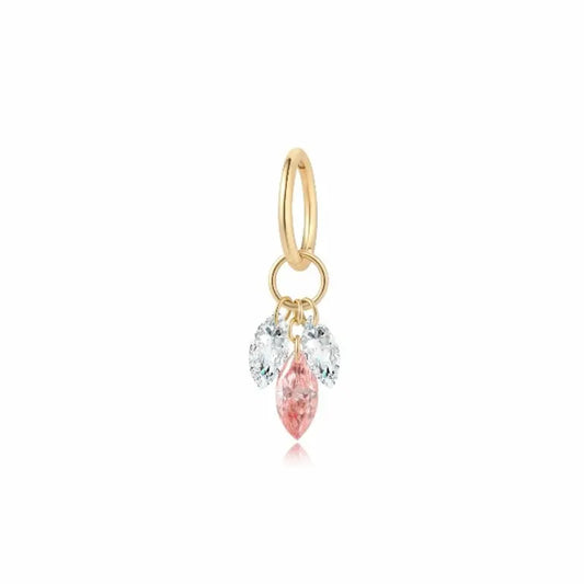 A high-resolution studio photograph of the Pink Marquise Feather Charm from the LTM Jewels Radiant Drift collection. Handcrafted in 18K solid gold, the charm features a delicate feather plume silhouette composed of two white and one pink marquise lab-grown diamonds totaling 0.20ctw. The image highlights the high-polish AU750 gold jump ring and the innovative laser-drilled stones designed for a weightless, fluttering effect against a professional clean background.