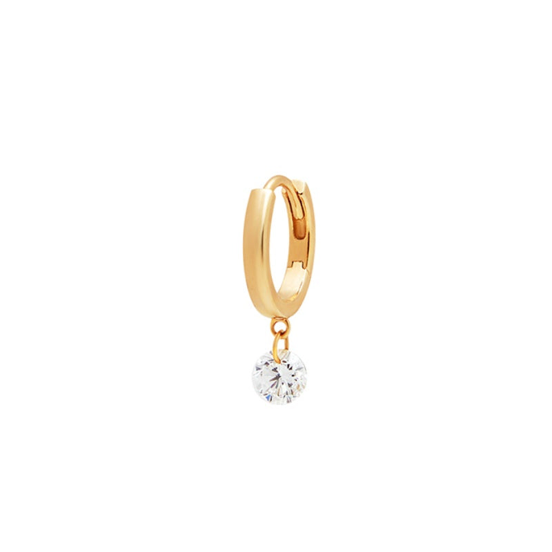 A professional front view of the Round Diamond Dangle Hoop in 18K solid gold, featuring a brilliant 0.2ct lab-grown white diamond suspended from a polished 8mm gold hoop on a clean white background.