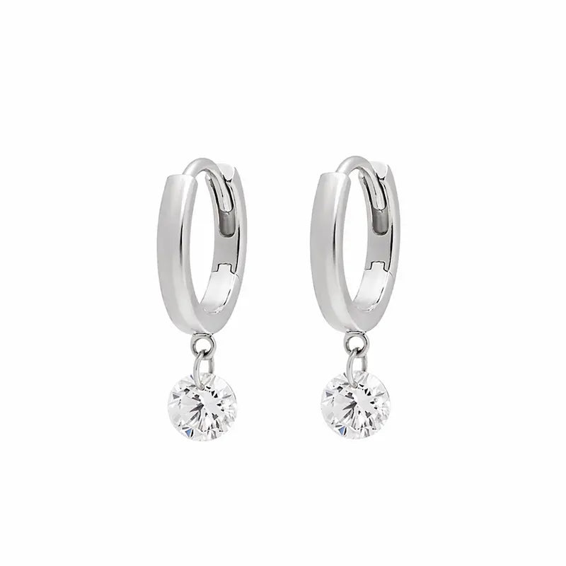 18K Solid Gold Floating Round Lab Diamond Dangle Hoop Earring | Radiant Drift