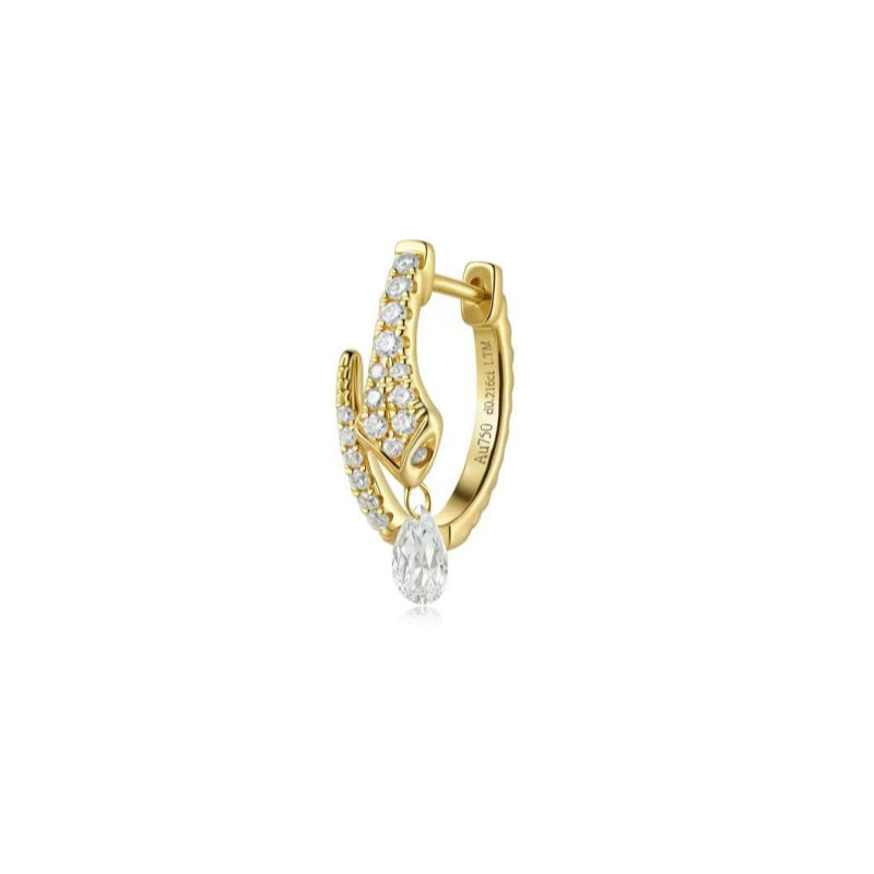 A professional studio shot of the Serpentine Snake White Diamond Pear Drop Hoop from the LTM Jewels Architectural Rhythm collection. This 18K solid gold (Au750) earring features a sculptural snake-inspired silhouette adorned with 0.216ctw of brilliant white pavé lab diamonds and a floating pear-cut white diamond dangle. The high-contrast white background highlights the intricate craftsmanship and the luxurious, sinuous form of this high-fashion accessory for a curated jewelry stack.