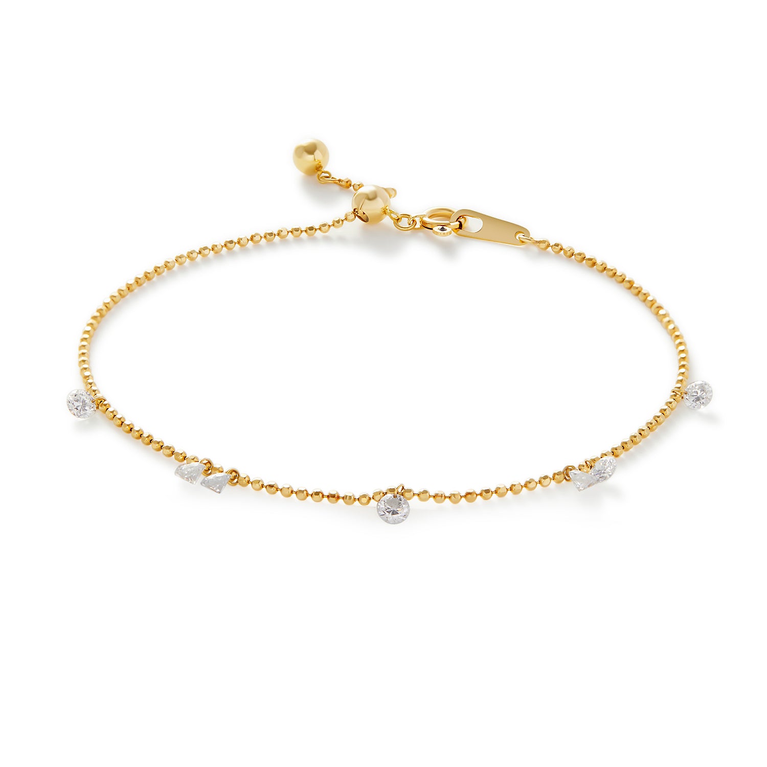 Seven Drilled Diamond Bracelet in 18K solid gold with floating diamonds.