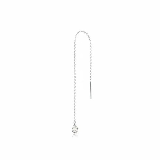 18K solid gold pear-cut diamond threader earring featuring a brilliant lab-grown white diamond suspended from a delicate high-polish gold chain. This minimalist fine jewelry piece by LTM Jewels showcases a sleek, setting-free aesthetic designed for fluid movement and rhythmic sparkle. Available in multiple carat sizes from 0.15ct to 0.5ct, this 18K gold threader is a versatile staple for modern ear stacks and sustainable luxury enthusiasts seeking VVS clarity and D-E color diamonds.