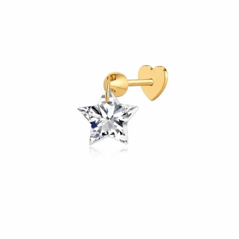 This primary product image highlights the LTM & CO. Star-Cut Diamond Stud, featuring a mesmerizing, five-pointed star-shaped lab-grown diamond set against a minimalist backdrop. The diamond is a masterpiece of geometric precision, with each facet expertly angled to maximize brilliance and fire. Central to the brand’s innovative identity, this stud utilizes advanced laser-drilling technology, allowing the diamond to be secured to the 18K solid gold (Au750) post without the need for traditional metal prongs.
