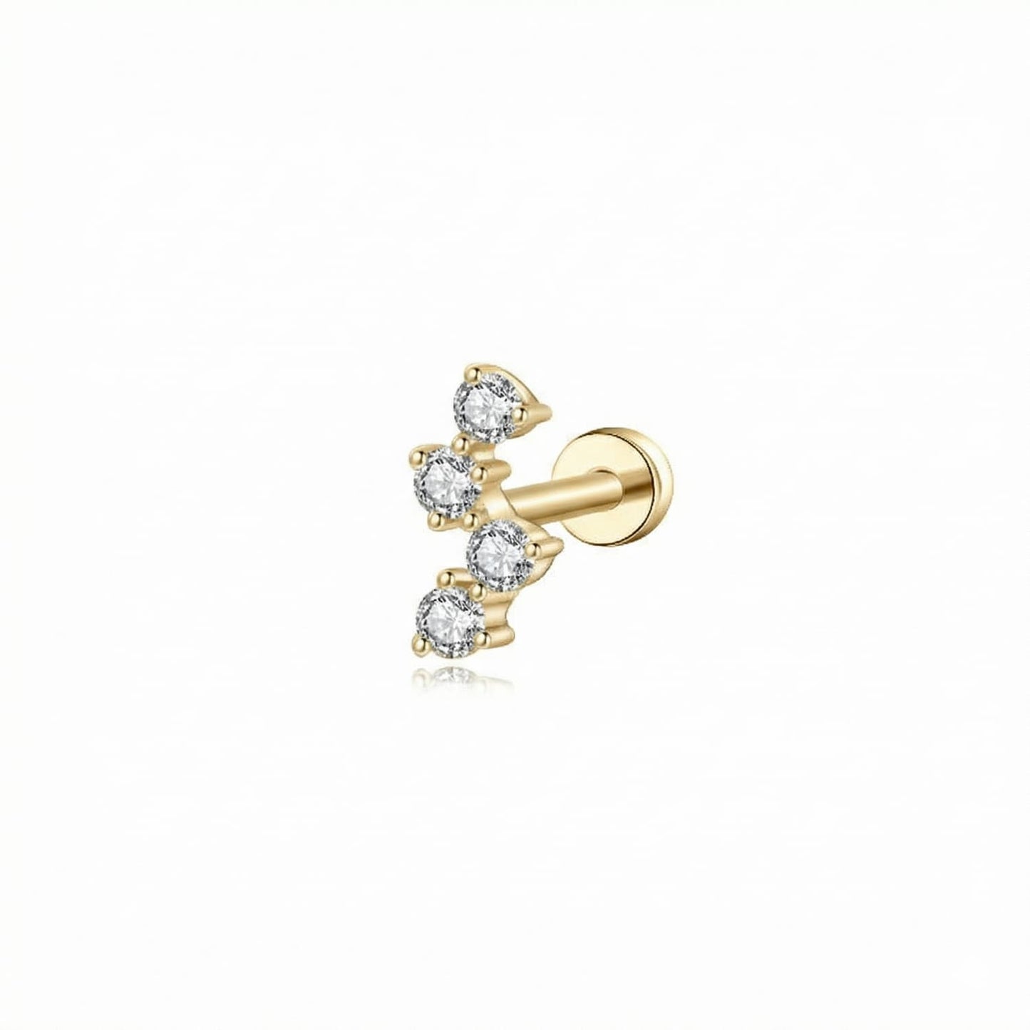 A professional high-resolution studio photograph of the White Diamond Threaded Stud from the LTM Jewels Pure Brilliance collection. This 18K solid gold stud features a seamless sequence of brilliant white diamonds totaling 0.08ctw with VVS-VS clarity and D-E color. The image showcases the high-polish AU750 gold finish and the secure professional threaded screw back design against a clean background, highlighting its status as a minimalist and cinematic heirloom.