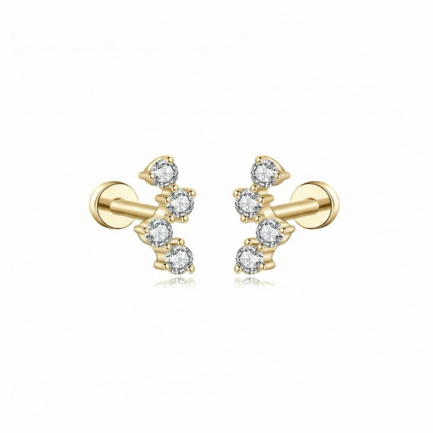 A professional high-resolution studio photograph of the White Diamond Threaded Stud from the LTM Jewels Pure Brilliance collection. This 18K solid gold stud features a seamless sequence of brilliant white diamonds totaling 0.08ctw with VVS-VS clarity and D-E color. The image showcases the high-polish AU750 gold finish and the secure professional threaded screw back design against a clean background, highlighting its status as a minimalist and cinematic heirloom.