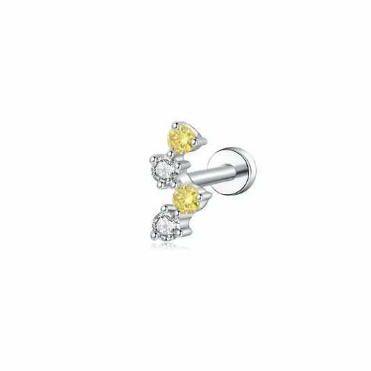 A high-resolution studio photo of the Double Yellow Double White Threaded Stud by LTM & CO.™. Features a minimalist arrangement of two yellow and two white diamonds totaling 0.08ctw in handcrafted 18K solid gold (AU750). The image captures the warm brilliance of the yellow stones and the crystalline D-E fire of the white diamonds, highlighting the VVS-VS clarity and the premium professional piercing engineering of the Solar Radiance collection.