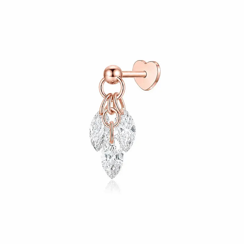 18K solid gold Triple Marquise Diamond Dangle Stud featuring three suspended floating marquise-cut lab-grown diamonds arranged in a cascading vertical silhouette. The lightweight sculptural design creates fluid movement, elongated brilliance, and modern luxury curated ear styling.