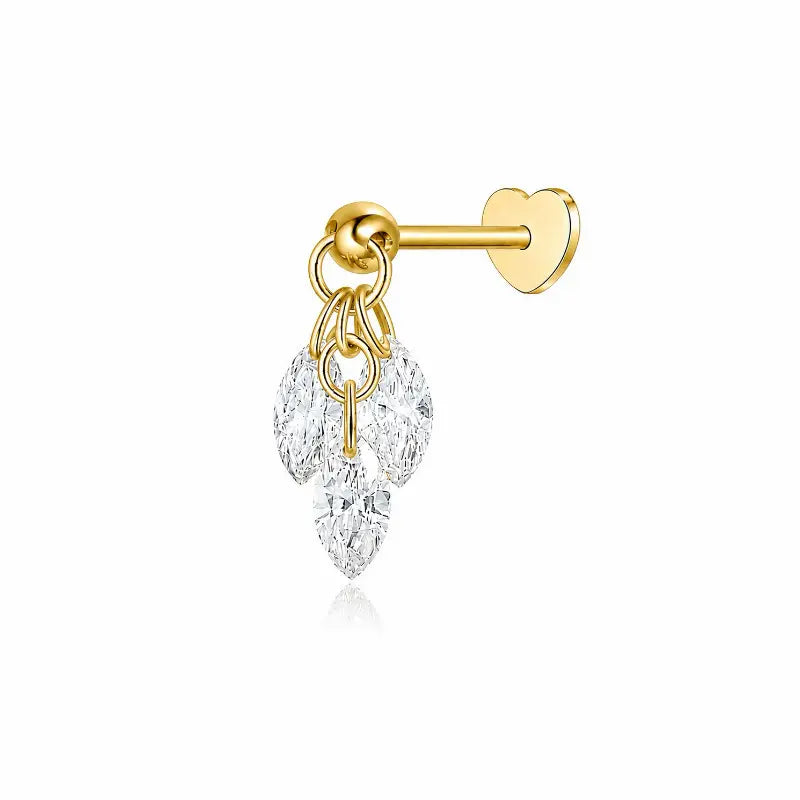 18K solid gold Triple Marquise Diamond Dangle Stud featuring three suspended floating marquise-cut lab-grown diamonds arranged in a cascading vertical silhouette. The lightweight sculptural design creates fluid movement, elongated brilliance, and modern luxury curated ear styling.