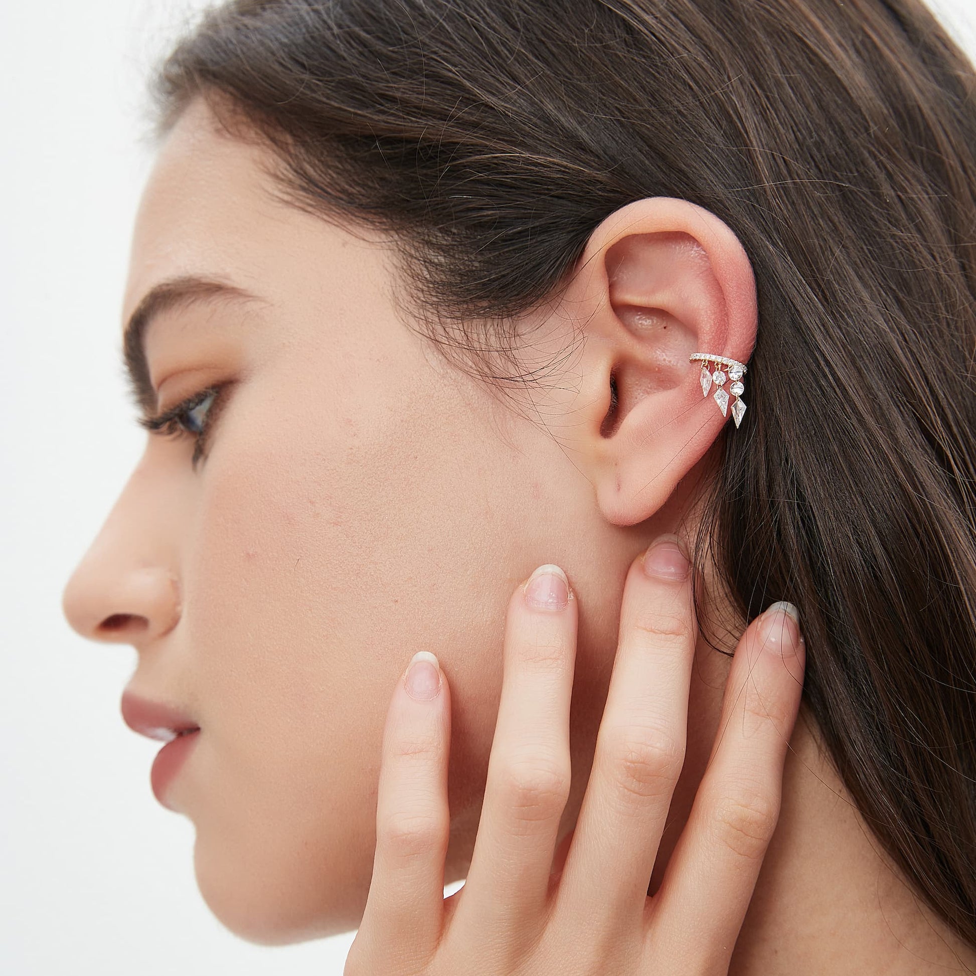 Side view of the geometric ear cuff showing the secure non-pierced fit
