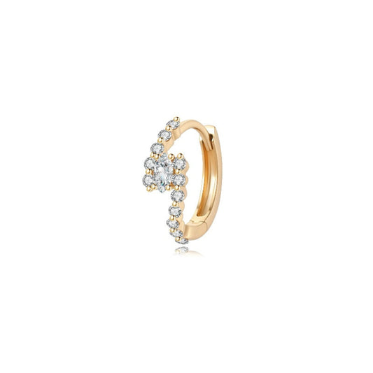 A high-resolution studio photograph of the White Marquise Pavé Hoop from the LTM Jewels Radiant Drift collection. This 18K solid gold 8mm huggie features a delicate pavé of white marquise-cut diamonds totaling 0.108ctw. The image highlights the high-polish AU750 gold finish and the secure integrated hinge closure against a clean background, showcasing the floating diamond effect and VVS-VS clarity fire.