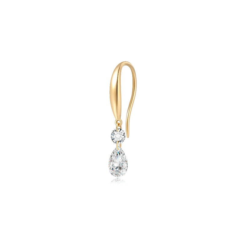 A high-resolution photo of the White Pear Round Dangle Hoop from LTM Jewels. Features a 0.1ct round diamond and 0.3ct pear-cut diamond (0.4ctw total) in 18K solid gold. Shows the secure threaded screw back and VVS-VS clarity fire.
