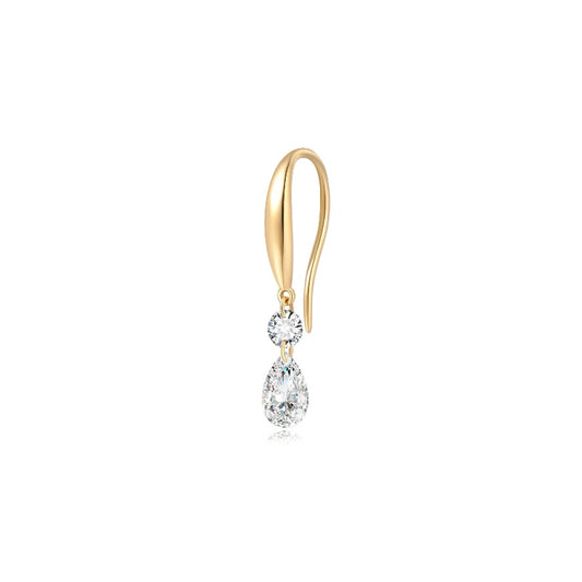A high-resolution photo of the White Pear Round Dangle Hoop from LTM Jewels. Features a 0.1ct round diamond and 0.3ct pear-cut diamond (0.4ctw total) in 18K solid gold. Shows the secure threaded screw back and VVS-VS clarity fire.