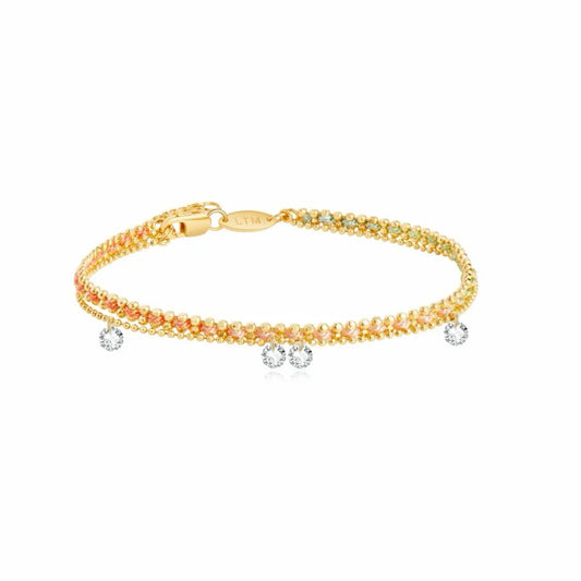 18K solid gold floating diamond rope bracelet featuring five suspended round lab-grown diamonds set along a shimmering woven rope bead chain. The fluid bracelet silhouette creates lightweight movement, radiant sparkle, and modern minimalist luxury designed for elegant everyday wrist stacking.
