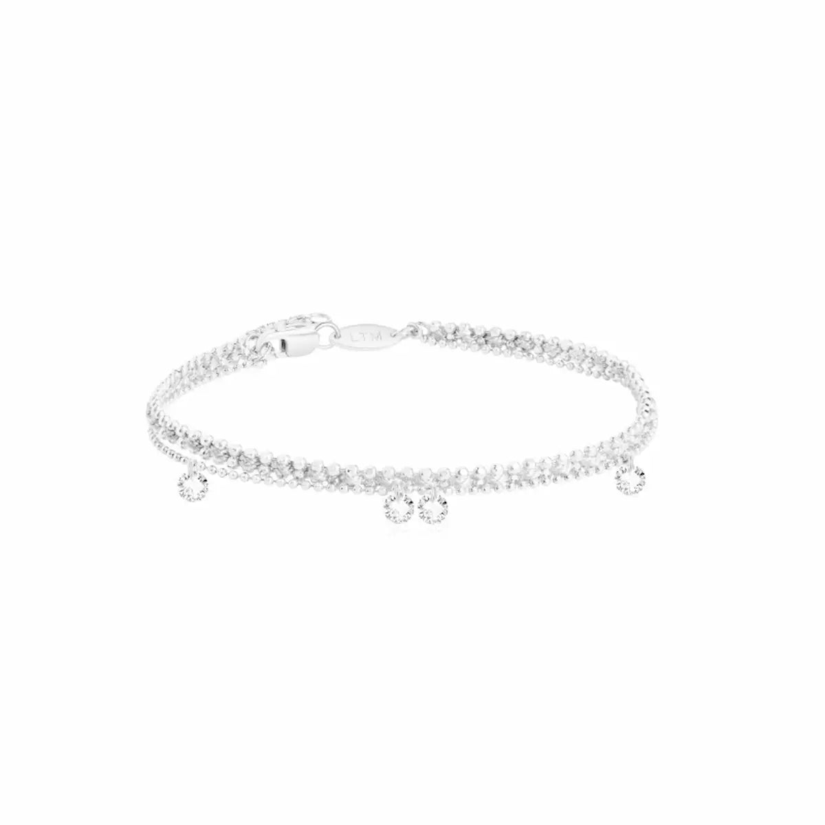 18K solid gold floating diamond rope bracelet featuring five suspended round lab-grown diamonds set along a shimmering woven rope bead chain. The fluid bracelet silhouette creates lightweight movement, radiant sparkle, and modern minimalist luxury designed for elegant everyday wrist stacking.