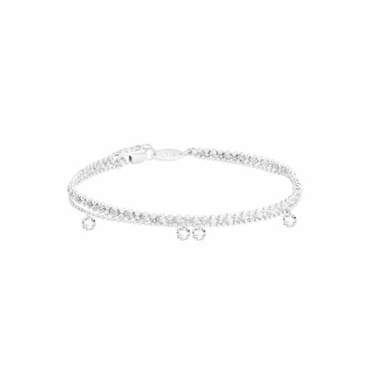 18K solid gold floating diamond rope bracelet featuring five suspended round lab-grown diamonds set along a shimmering woven rope bead chain. The fluid bracelet silhouette creates lightweight movement, radiant sparkle, and modern minimalist luxury designed for elegant everyday wrist stacking.