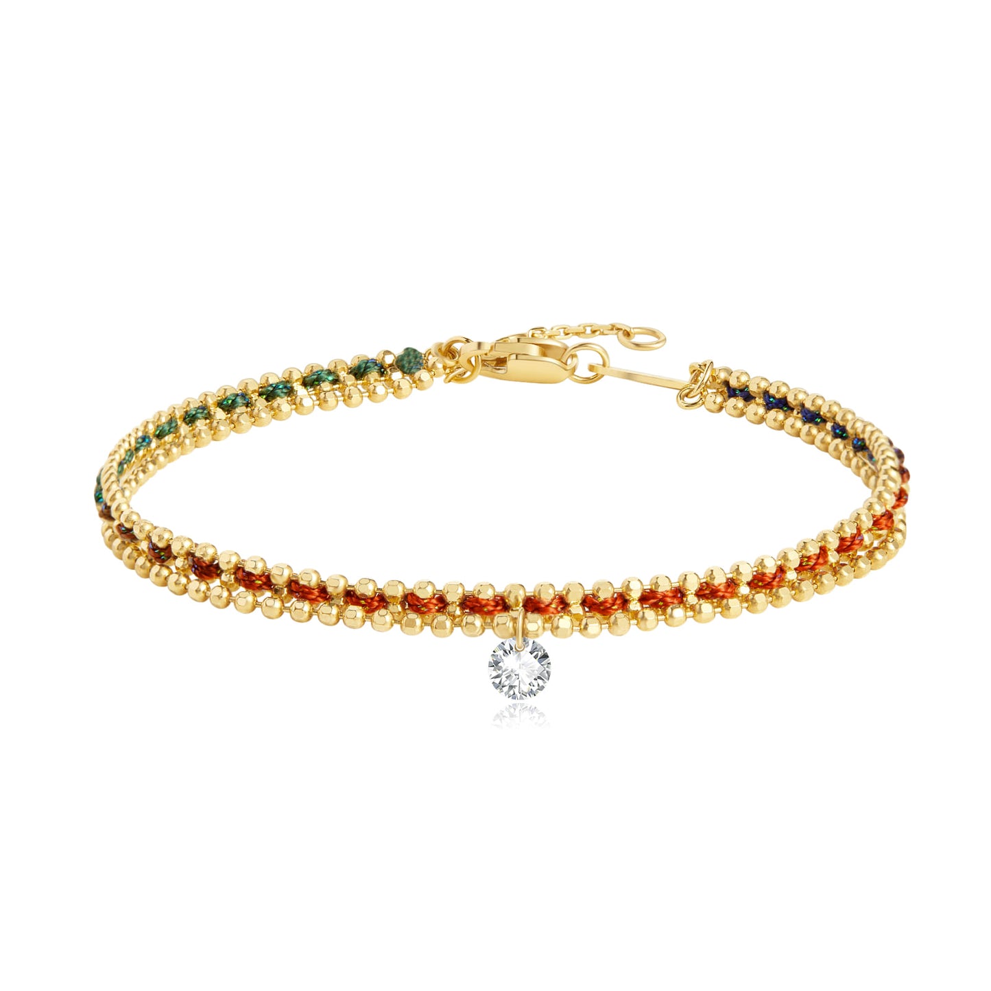 18K solid gold woven rope bracelet with a single hanging white round diamond.