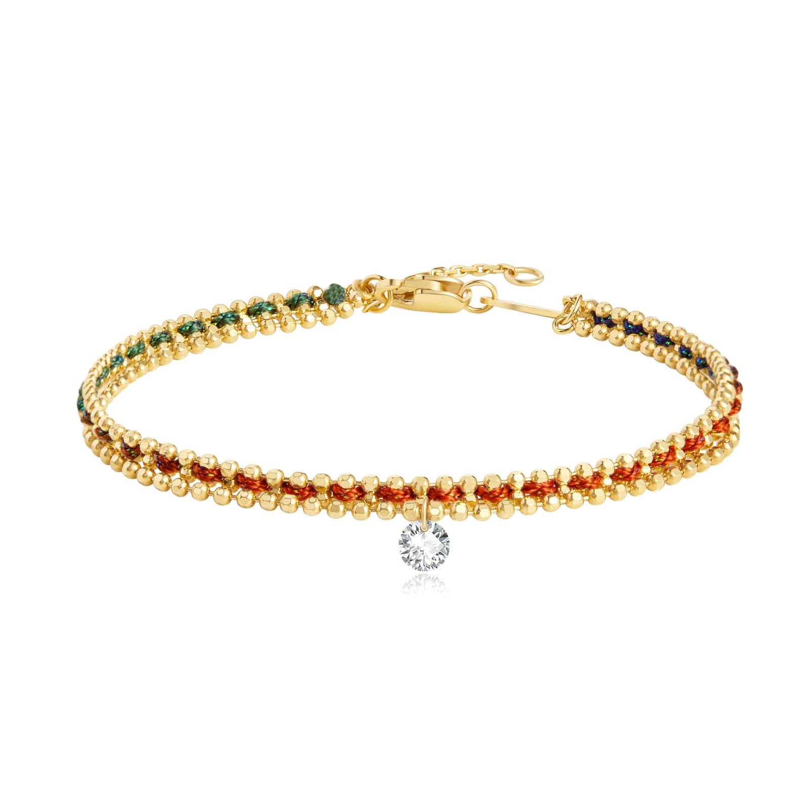18K solid gold woven rope bracelet with a single hanging white round diamond.