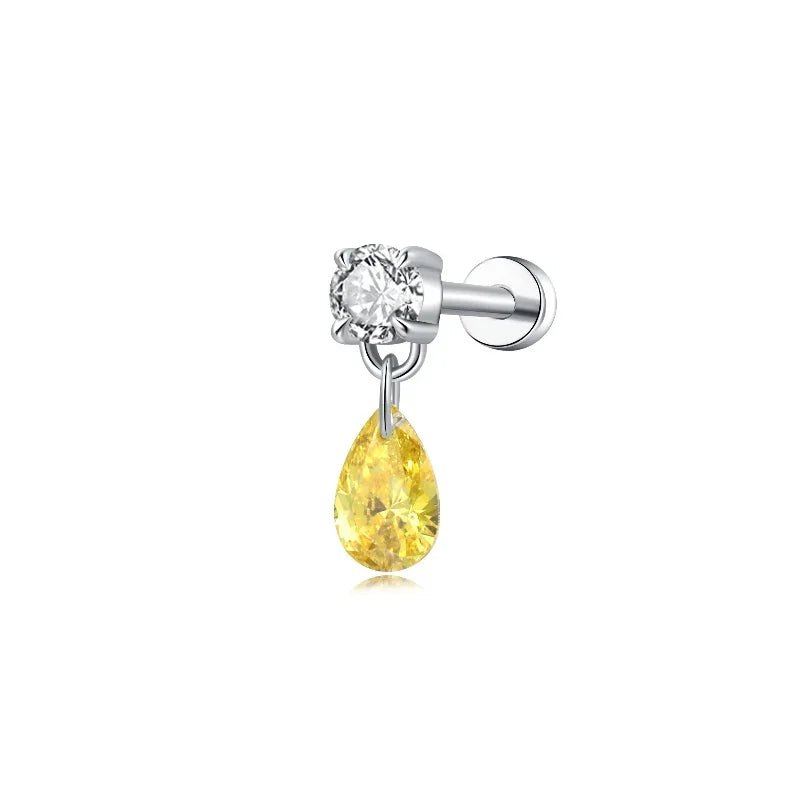 18K gold threaded dangle stud with a round white diamond and yellow marquise drop.